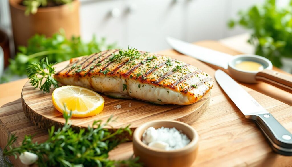 A beautifully grilled steelhead trout fillet, glistening with a buttery herb glaze, placed elegantly on a rustic wooden plate. The fish is garnished with fresh herbs like dill and parsley, with a slice of lemon beside it for a pop of color. In the foreground, delicate sprigs of thyme and a sprinkle of sea salt can be seen, enhancing the gourmet presentation. The middle ground features a wooden cutting board with a knife and a few rustic ingredients, such as garlic cloves and melted butter in a small dish. Soft, warm lighting illuminates the scene, creating an inviting atmosphere. The background is blurred, suggesting a cozy kitchen setting, with hints of greenery for a fresh touch. The angle is slightly above, capturing the vibrancy of the dish while maintaining an elegant composition.