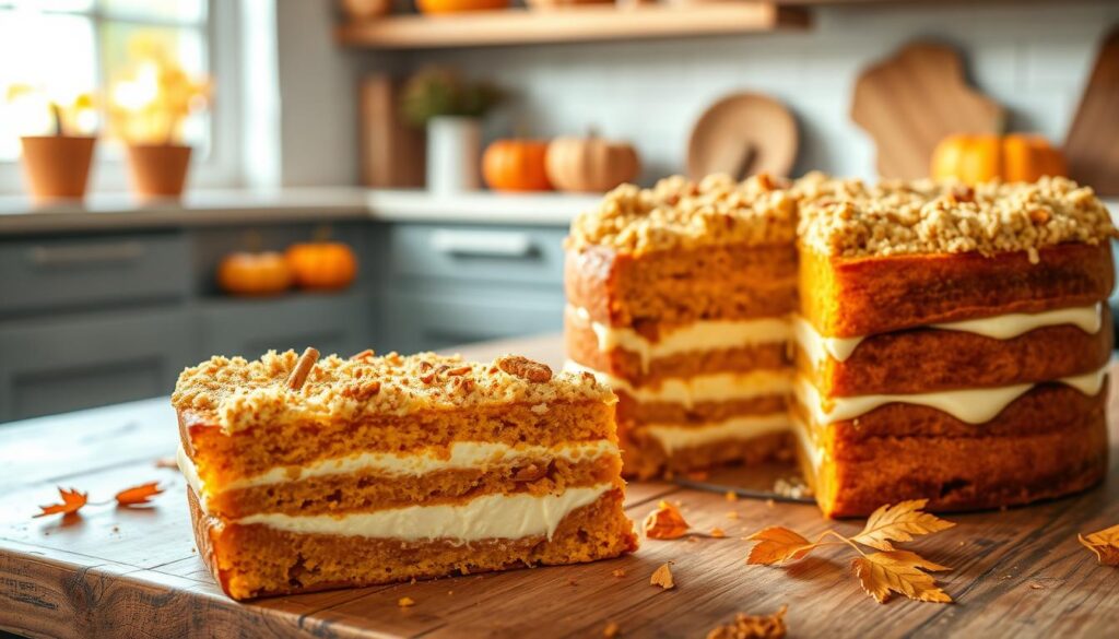 A beautifully layered pumpkin dump cake sits on a rustic wooden table, showcasing its inviting golden-orange hues and creamy texture. In the foreground, a slice has been cut out, revealing the rich layers of spiced pumpkin filling and crumbly topping, glistening with melted butter. The middle layers contain rich vanilla cream cheese and a sprinkle of cinnamon, adding a touch of warmth. The background features an autumn-themed kitchen with soft, natural lighting filtering through a nearby window, illuminating the scene and creating a cozy, inviting atmosphere. Scattered around are miniature pumpkins and warm-colored leaves, enhancing the fall vibe. The image is captured from a slightly elevated angle, focusing on the rich details and layered textures of the cake, making it look irresistibly delicious.