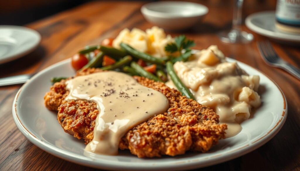 A beautifully plated chicken fried steak in the foreground, showcasing a perfectly breaded and golden-brown piece of meat, with a crispy exterior and juicy interior visible. Accompanying it, a side of creamy country gravy drizzled generously over the steak, with a sprinkle of freshly ground black pepper. In the middle, a vibrant mix of sautéed green beans and buttery mashed potatoes adds color and texture, garnished with a sprig of parsley. The background features a rustic wooden table setting, with warm, soft lighting that creates an inviting atmosphere, emphasizing the comforts of homemade cooking. The angle captures the dish from a slight overhead view to highlight the details and textures, evoking a sense of warmth and deliciousness, perfect for a culinary article about chicken fried steak.