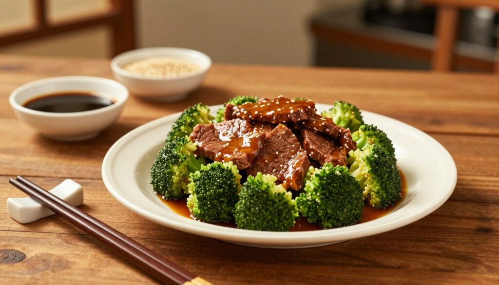 A beautifully plated dish of beef and broccoli takes center stage. The tender, marbled slices of beef glisten with a glossy, savory sauce, complemented by vibrant green broccoli florets. In the foreground, a pair of elegant chopsticks rests beside the dish, hinting at the Asian culinary influence. The middle ground features a rustic wooden table, adorned with small bowls of soy sauce and sesame seeds. Soft, warm ambient lighting casts a golden hue over the scene, evoking a cozy and inviting atmosphere, as if the viewer is seated at a fine dining table. In the background, blurred hints of a softly lit kitchen create depth without distraction. Overall, the image radiates an air of excellence and sophistication, embodying restaurant-quality presentation.