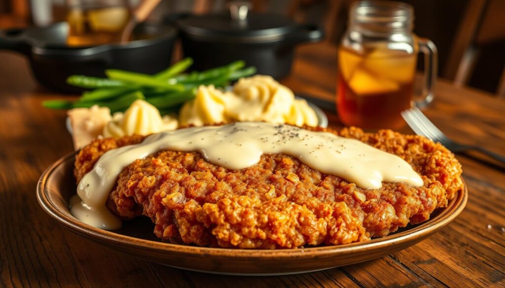 A beautifully plated traditional chicken fried steak dominates the foreground, featuring a crispy golden-brown crust that glistens under warm, soft lighting, highlighting the tender meat inside. The steak is served with creamy, white country gravy drizzled generously over it, with a sprinkle of black pepper for added texture. In the middle ground, a side of buttery mashed potatoes and sautéed green beans adds color and balance to the dish. In the background, a rustic wooden table displays a vintage Southern kitchen ambiance, adorned with cast iron cookware and a mason jar of sweet tea, softly blurred to emphasize the steak. The warm, inviting atmosphere evokes a sense of Southern comfort food and tradition, perfect for an article celebrating the rich history of this classic dish.