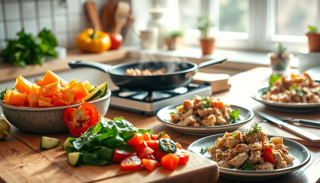 A bright, inviting kitchen scene featuring a healthy ground chicken meal preparation. In the foreground, a wooden cutting board displays a colorful array of freshly chopped vegetables like bell peppers, zucchini, and spinach, alongside ground chicken in a bowl. In the middle, a skillet sizzling with ground chicken sautéing with herbs and spices, emitting delicious steam. The background shows a sunlit kitchen with soft, warm lighting that creates a cozy atmosphere. Include a rustic table setting with plates of healthy chicken dishes garnished with fresh herbs, and a small pot of plant on the windowsill. The mood is vibrant and wholesome, emphasizing health and wellness in cooking. A bright, inviting kitchen scene featuring a healthy ground chicken meal preparation. In the foreground, a wooden cutting board displays a colorful array of freshly chopped vegetables like bell peppers, zucchini, and spinach, alongside ground chicken in a bowl. In the middle, a skillet sizzling with ground chicken sautéing with herbs and spices, emitting delicious steam. The background shows a sunlit kitchen with soft, warm lighting that creates a cozy atmosphere. Include a rustic table setting with plates of healthy chicken dishes garnished with fresh herbs, and a small pot of plant on the windowsill. The mood is vibrant and wholesome, emphasizing health and wellness in cooking.