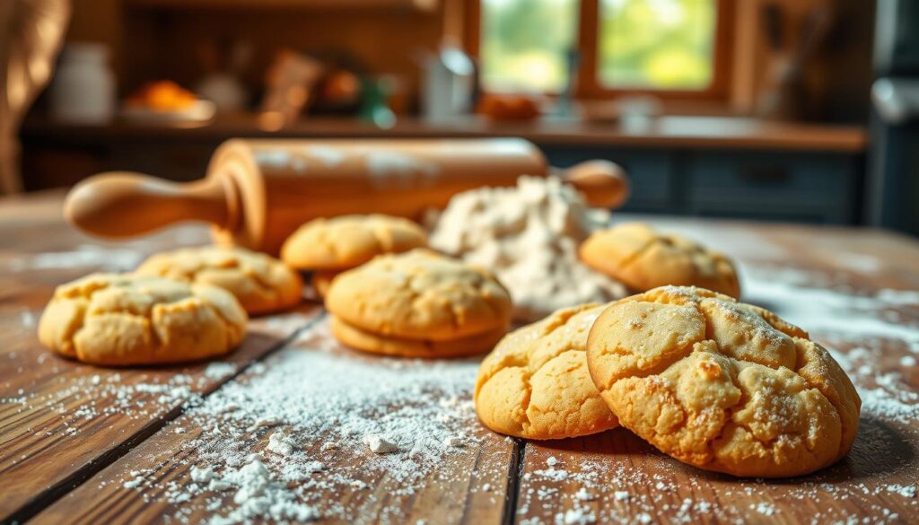 A close-up view of freshly baked homemade butter cookies, showcasing their golden-brown, slightly crumbly texture with a glossy sheen. The foreground features several cookies arranged artistically on a rustic wooden table, some with a dusting of powdered sugar. In the middle, a rolling pin and scattered flour create an inviting environment, hinting at the baking process. The background is softly blurred, depicting a warm kitchen with natural light streaming through a window, casting gentle shadows that enhance the cozy atmosphere. The mood is warm and inviting, evoking the rich, buttery aroma of freshly baked goods. The image should capture the essence of comfort and culinary expertise, free of any text or overlays. A close-up view of freshly baked homemade butter cookies, showcasing their golden-brown, slightly crumbly texture with a glossy sheen. The foreground features several cookies arranged artistically on a rustic wooden table, some with a dusting of powdered sugar. In the middle, a rolling pin and scattered flour create an inviting environment, hinting at the baking process. The background is softly blurred, depicting a warm kitchen with natural light streaming through a window, casting gentle shadows that enhance the cozy atmosphere. The mood is warm and inviting, evoking the rich, buttery aroma of freshly baked goods. The image should capture the essence of comfort and culinary expertise, free of any text or overlays.