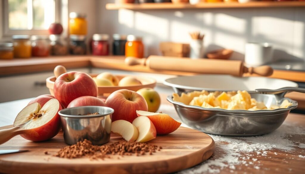 A cozy kitchen scene showcasing essential tools and equipment for making apple pie filling. In the foreground, a wooden cutting board holds fresh, sliced apples beside a stainless steel bowl filled with mixed spices like cinnamon and nutmeg. You can see a measuring cup and a wooden spoon, highlighting a rustic, inviting atmosphere. In the middle, a rolling pin and pie dish are elegantly positioned on a countertop cluttered with flour, hinting at a recently prepared dough. The background features soft-lit shelves filled with jars of preserves and fruits. Natural sunlight streams through a nearby window, casting warm shadows and creating a homely, welcoming feel. The focus is sharp on the tools, emphasizing a sense of preparation and readiness for baking. A cozy kitchen scene showcasing essential tools and equipment for making apple pie filling. In the foreground, a wooden cutting board holds fresh, sliced apples beside a stainless steel bowl filled with mixed spices like cinnamon and nutmeg. You can see a measuring cup and a wooden spoon, highlighting a rustic, inviting atmosphere. In the middle, a rolling pin and pie dish are elegantly positioned on a countertop cluttered with flour, hinting at a recently prepared dough. The background features soft-lit shelves filled with jars of preserves and fruits. Natural sunlight streams through a nearby window, casting warm shadows and creating a homely, welcoming feel. The focus is sharp on the tools, emphasizing a sense of preparation and readiness for baking.