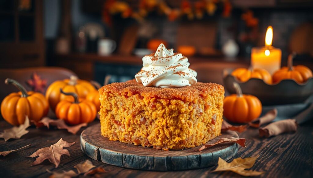 A delectable pumpkin dump cake sits invitingly on a rustic wooden table, surrounded by autumn leaves and miniature pumpkins. The cake, golden brown and slightly crispy on top, is topped with a dollop of whipped cream and a sprinkle of cinnamon, showcasing its rich texture. In the background, warm, soft-lighting creates a cozy atmosphere, with blurred hints of a traditional kitchen adorned with fall decorations like garlands of dried leaves and a flickering candle. The scene is captured from a slightly elevated angle, focusing on the cake while allowing the warm ambiance to fill the frame. This setting evokes a sense of comfort and celebration, embodying the essence of fall gatherings.