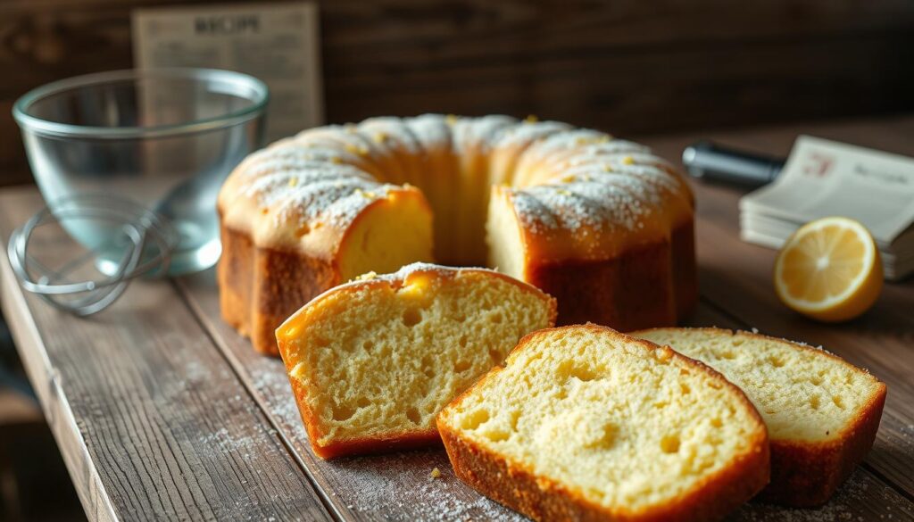 A deliciously moist 7 Up pound cake sits elegantly on a rustic wooden table, surrounded by soft, natural lighting that highlights its golden-brown crust and fluffy buttery texture. The cake is garnished with a light dusting of powdered sugar and lemon zest, enhancing its vibrant flavor. In the foreground, a few slices of the cake are artfully arranged, revealing the tender interior with bubbles from the soda that give it a delightful lift. The middle features a charming mixing bowl and whisk, suggesting the preparation process, while a vintage recipe card peeks into the background, softly out of focus. The overall mood is warm and inviting, evoking a sense of home-baked comfort. A deliciously moist 7 Up pound cake sits elegantly on a rustic wooden table, surrounded by soft, natural lighting that highlights its golden-brown crust and fluffy buttery texture. The cake is garnished with a light dusting of powdered sugar and lemon zest, enhancing its vibrant flavor. In the foreground, a few slices of the cake are artfully arranged, revealing the tender interior with bubbles from the soda that give it a delightful lift. The middle features a charming mixing bowl and whisk, suggesting the preparation process, while a vintage recipe card peeks into the background, softly out of focus. The overall mood is warm and inviting, evoking a sense of home-baked comfort.