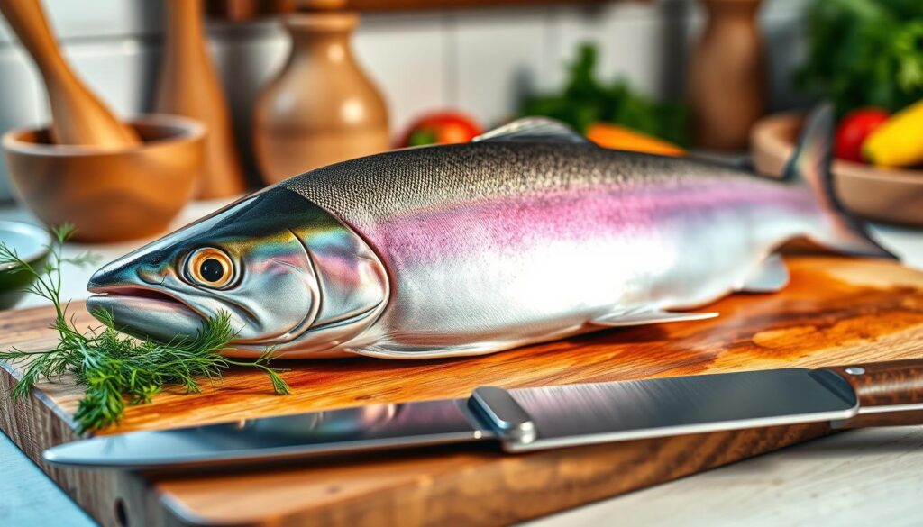 A pristine steelhead trout lies on a rustic wooden cutting board, glistening under soft, natural light that highlights its rich, iridescent scales with shades of silver, blue, and pink. In the foreground, fresh herbs like dill and parsley are artfully arranged beside the fish, while a sharp stainless steel knife glints invitingly, ready for preparation. In the middle ground, the fish's eye sparkles, conveying freshness and quality. The background features a softly blurred kitchen setting with wooden utensils and a faint glimpse of fresh vegetables, creating a warm, inviting atmosphere perfect for a culinary scene. The overall mood is bright, fresh, and appetizing, evoking the excitement of selecting high-quality seafood for cooking.