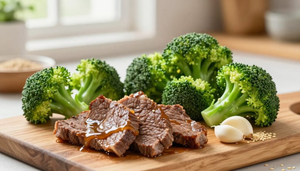 A vibrant, well-organized display of the essential ingredients for homemade beef and broccoli. In the foreground, showcase tender slices of beef, marinated and glistening with a light soy sauce glaze. Next to it, bright green broccoli florets, fresh and crisp, ready for cooking. Include a small bowl of garlic cloves and a sprinkle of sesame seeds for added texture. In the middle ground, a wooden chopping board serves as the foundation, enhancing the rustic feel. For the background, softly blurred kitchen utensils and ingredients create a warm, inviting atmosphere. Use natural lighting from a nearby window to highlight the freshness of the ingredients, with a shallow depth of field to draw focus on the vibrant colors and textures. The mood should feel homely and cozy, perfect for cooking enthusiasts.