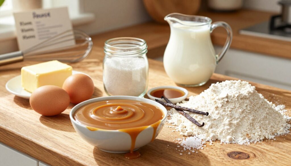 A beautiful arrangement of essential caramel cake ingredients on a rustic wooden kitchen countertop. In the foreground, prominently feature a bowl of smooth, rich caramel dripping down the sides, surrounded by fresh eggs, a stick of salted butter, and a mound of all-purpose flour. In the middle, place a small glass jar filled with fine granulated sugar, a dish of vanilla extract, and a scattering of sea salt crystals. Include fresh cream in a charming pitcher. In the background, softly blurred, hints of kitchen utensils, a whisk, and a hand-painted recipe card can be seen. The scene is warmly lit with natural sunlight streaming in, creating a cozy, inviting atmosphere perfect for baking. Focus on the textures and colors to evoke a sense of delicious anticipation.