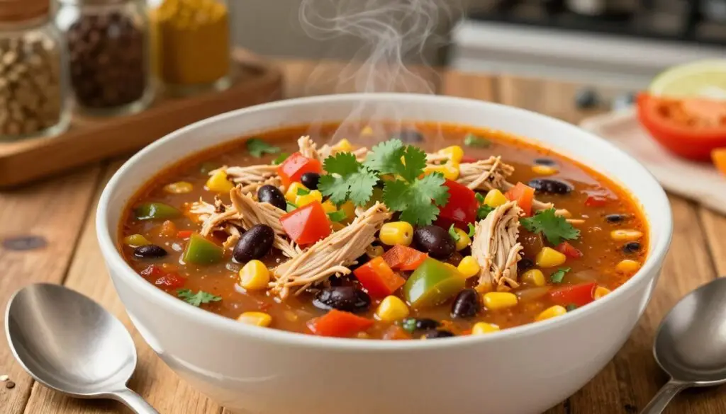 A beautiful bowl of slow cooker chicken taco soup, filled with shredded chicken, colorful diced bell peppers, corn, black beans, and fresh cilantro on top. The soup has a vibrant, inviting color palette, showcasing rich reds, greens, and yellows. The bowl is set on a rustic wooden table, with a spoon resting beside it and a subtle hint of steam rising, suggesting warmth and comfort. In the background, a softly lit kitchen can be seen, with blurred shelves of spices and vibrant ingredients enhancing the cozy atmosphere. The image should be captured with a warm, natural light, using a slightly elevated angle to emphasize the textures and layers of the soup, evoking feelings of home-cooked warmth and deliciousness.