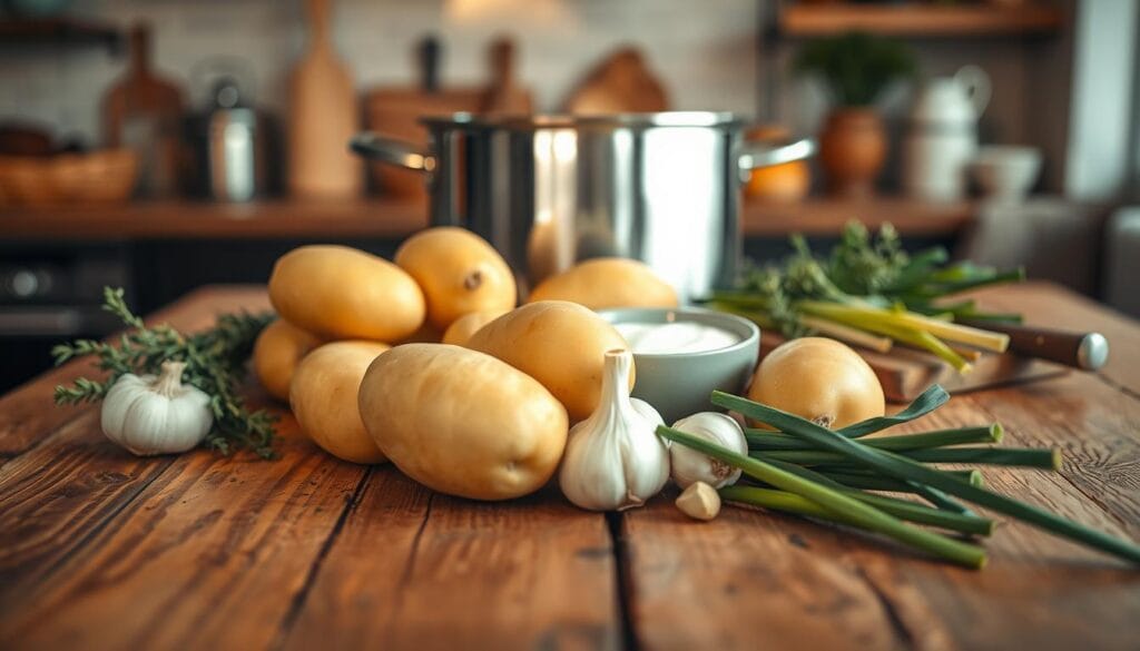 A beautiful, rustic wooden table serves as the foreground, adorned with a variety of fresh ingredients for creamy potato soup. In the center, there are several smooth golden potatoes, a bulb of garlic, and vibrant green onions, all neatly arranged. A small bowl of heavy cream and a bunch of fresh thyme add an aromatic touch, while a cutting board with a knife hints at preparation. The middle ground features a pot, gleaming slightly with reflection, suggesting warmth and nourishment. The background showcases a softly blurred kitchen setting with warm, inviting lighting, imparting a cozy atmosphere. The scene is captured with a warm color palette and a shallow depth of field, enhancing the delightful and homey feel, perfect for showcasing the essential ingredients of a delicious potato soup.