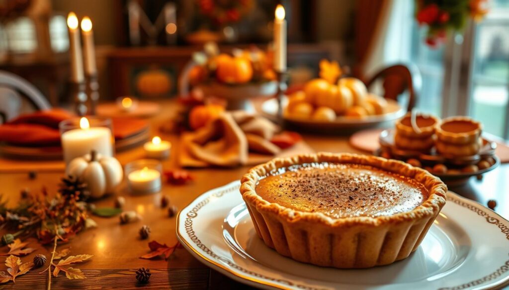 A beautifully arranged Thanksgiving dessert spread featuring a perfectly baked Libby's pumpkin pie at the forefront, glistening with a sprinkle of cinnamon on top. The pie sits on an elegant white porcelain plate, adorned with a decorative golden rim. Surrounding the pie are small, rustic elements like scattered autumn leaves and tiny gourds to evoke the spirit of the season. In the middle ground, a warm, wooden dining table is set with seasonal accents like flickering candlelight and cozy linens in deep oranges and browns, creating an inviting atmosphere. In the background, softly blurred, are hints of a festive dining room with a harvest-themed centerpiece. The scene is illuminated by warm, natural light from a nearby window, enhancing the comforting, homey vibe of a Thanksgiving celebration.