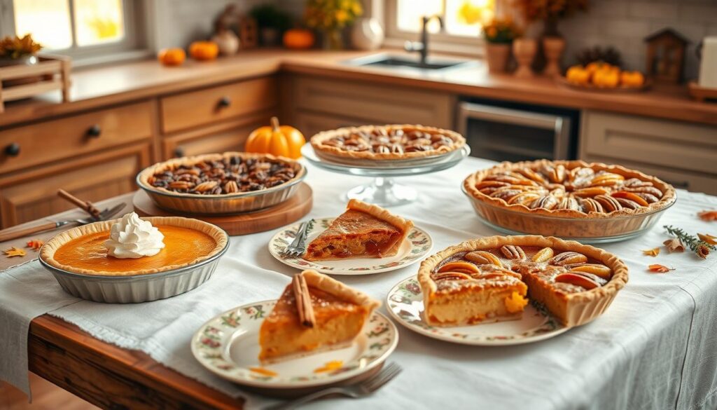 A beautifully arranged Thanksgiving dessert table showcasing a variety of easy pie recipes. In the foreground, a rustic wooden table covered with a soft white linen tablecloth, displaying three delicious pies: a golden-brown pumpkin pie with whipped cream, a rich pecan pie glistening with syrup, and a vibrant apple pie with a lattice crust. In the middle, a few slices of pie are elegantly served on decorative plates, with fresh cinnamon sticks and sprigs of thyme as garnish. The background features a warm, inviting kitchen scene with autumn-themed decorations like small pumpkins and leaves scattered around, softly lit by warm, natural light coming through a window. The atmosphere is cozy and festive, perfect for a Thanksgiving celebration.