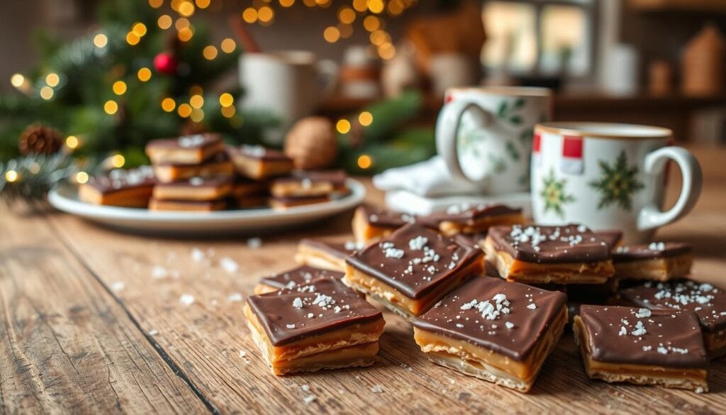 A beautifully arranged and appetizing Christmas Crack recipe spread out on a rustic wooden table. In the foreground, feature a close-up of several pieces of Christmas Crack, showcasing its layers of buttery toffee, a rich chocolate topping, and sprinkled sea salt. The middle ground should display a festive setting with traditional decorations like pine branches, twinkling fairy lights, and a plate of freshly made Christmas Crack next to a holiday-themed mug filled with hot cocoa. In the background, subtly hint at a cozy kitchen with blurred outlines of holiday-inspired utensils and a warmly lit window. The atmosphere should be inviting and festive, captured in soft, warm lighting that enhances the texture of the toffee and chocolate, using a shallow depth of field to draw attention to the delicious treat. A beautifully arranged and appetizing Christmas Crack recipe spread out on a rustic wooden table. In the foreground, feature a close-up of several pieces of Christmas Crack, showcasing its layers of buttery toffee, a rich chocolate topping, and sprinkled sea salt. The middle ground should display a festive setting with traditional decorations like pine branches, twinkling fairy lights, and a plate of freshly made Christmas Crack next to a holiday-themed mug filled with hot cocoa. In the background, subtly hint at a cozy kitchen with blurred outlines of holiday-inspired utensils and a warmly lit window. The atmosphere should be inviting and festive, captured in soft, warm lighting that enhances the texture of the toffee and chocolate, using a shallow depth of field to draw attention to the delicious treat.