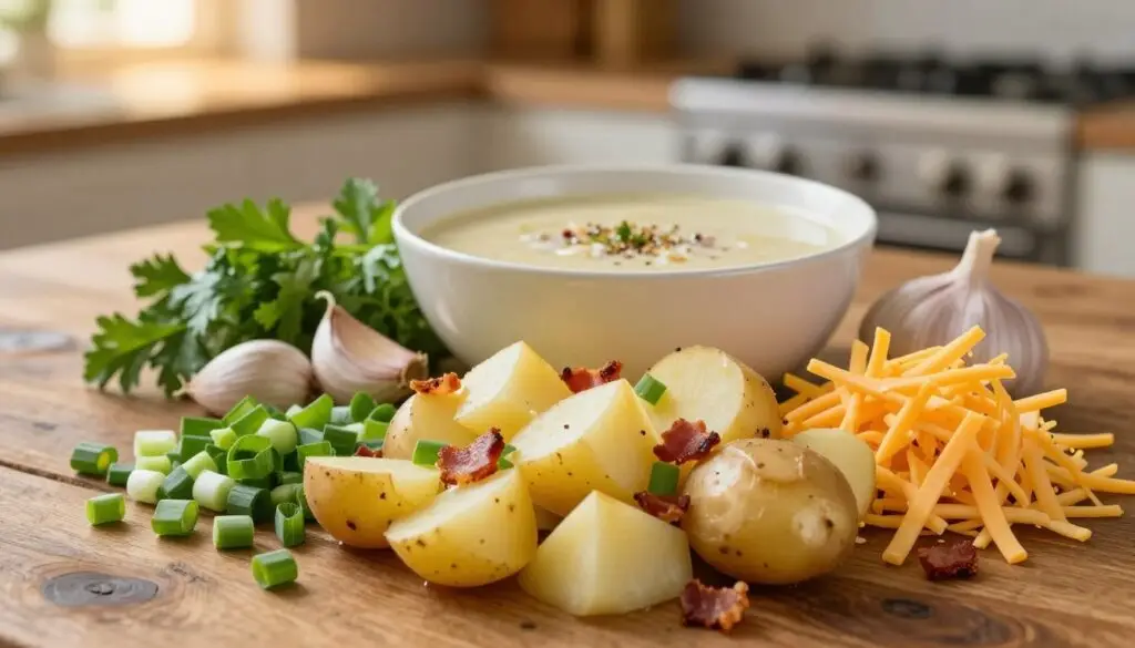 A beautifully arranged assortment of ingredients for loaded potato soup on a rustic wooden table. In the foreground, focus on creamy Yukon gold potatoes, diced with their skins, surrounded by fresh chopped green onions, crispy bacon bits, and shredded cheddar cheese. In the middle layer, include a bowl of rich, creamy broth with hints of seasoning, alongside garlic cloves and sprigs of fresh parsley for color. The background features a blurred kitchen setting with soft golden light streaming in, creating a warm, inviting atmosphere. A shallow depth of field emphasizes the vibrant colors and textures of the ingredients, evoking a sense of comfort and preparation for a delicious homemade soup experience.
