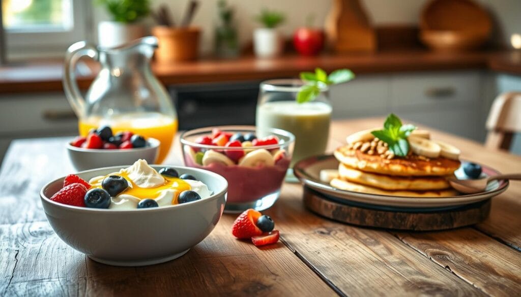 A beautifully arranged breakfast scene featuring protein-packed cottage cheese recipes. In the foreground, a rustic wooden table showcases a variety of dishes: a bowl of cottage cheese topped with fresh berries and a drizzle of honey, a colorful smoothie bowl garnished with nuts and seeds, and a plate of cottage cheese pancakes garnished with sliced bananas. In the middle ground, a pitcher of fresh juice and a sprig of mint add a refreshing touch. The background softly blurs, hinting at a cozy kitchen environment with sunlight streaming through a window, creating a warm and inviting atmosphere. The image should capture the vibrant colors and textures of the food, emphasizing a healthy, energetic morning vibe. Use natural lighting to enhance the freshness and appeal of the ingredients. A beautifully arranged breakfast scene featuring protein-packed cottage cheese recipes. In the foreground, a rustic wooden table showcases a variety of dishes: a bowl of cottage cheese topped with fresh berries and a drizzle of honey, a colorful smoothie bowl garnished with nuts and seeds, and a plate of cottage cheese pancakes garnished with sliced bananas. In the middle ground, a pitcher of fresh juice and a sprig of mint add a refreshing touch. The background softly blurs, hinting at a cozy kitchen environment with sunlight streaming through a window, creating a warm and inviting atmosphere. The image should capture the vibrant colors and textures of the food, emphasizing a healthy, energetic morning vibe. Use natural lighting to enhance the freshness and appeal of the ingredients.