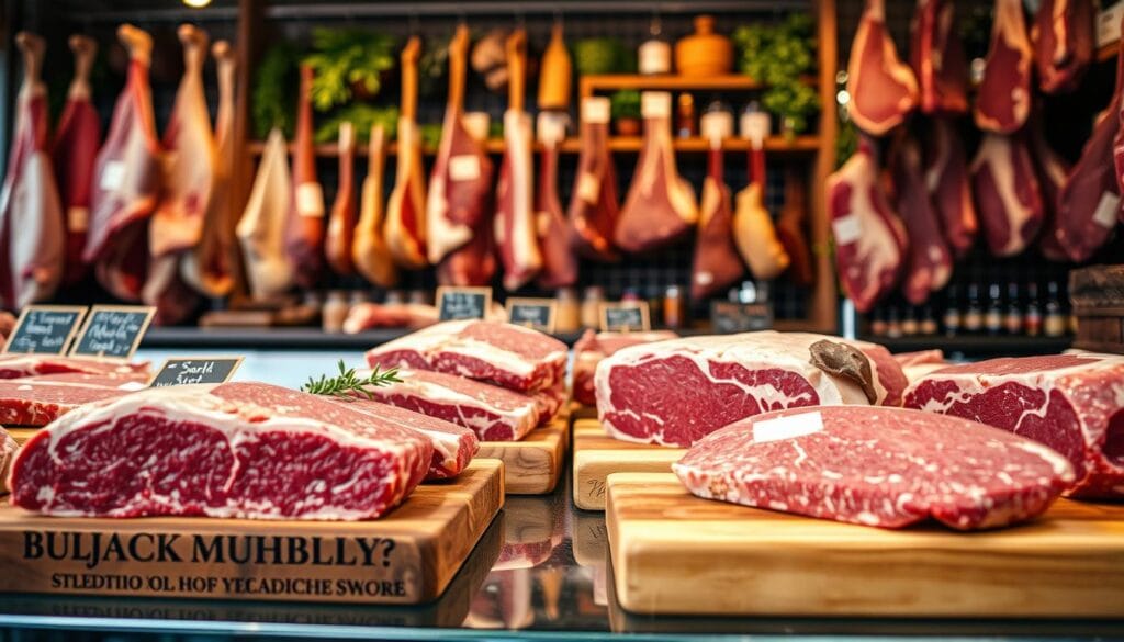 A beautifully arranged butcher's shop display featuring various beef cuts on wooden blocks. In the foreground, showcase high-quality marbled cuts like ribeye and chuck roast, their rich red and marbled textures gleaming under warm, inviting lighting. In the middle, a blurred backdrop of hanging cuts and neatly labeled sections creates a sense of authenticity, emphasizing the importance of choosing the right cut. The background includes rustic shelves lined with herbs and spices, hinting at the flavors that complement beef. Capture the scene with a shallow depth of field, using a soft focus to create warmth and allure. The atmosphere should evoke the craft and care of traditional butchery, inviting viewers to engage with the process of selecting the perfect beef for their sandwich.