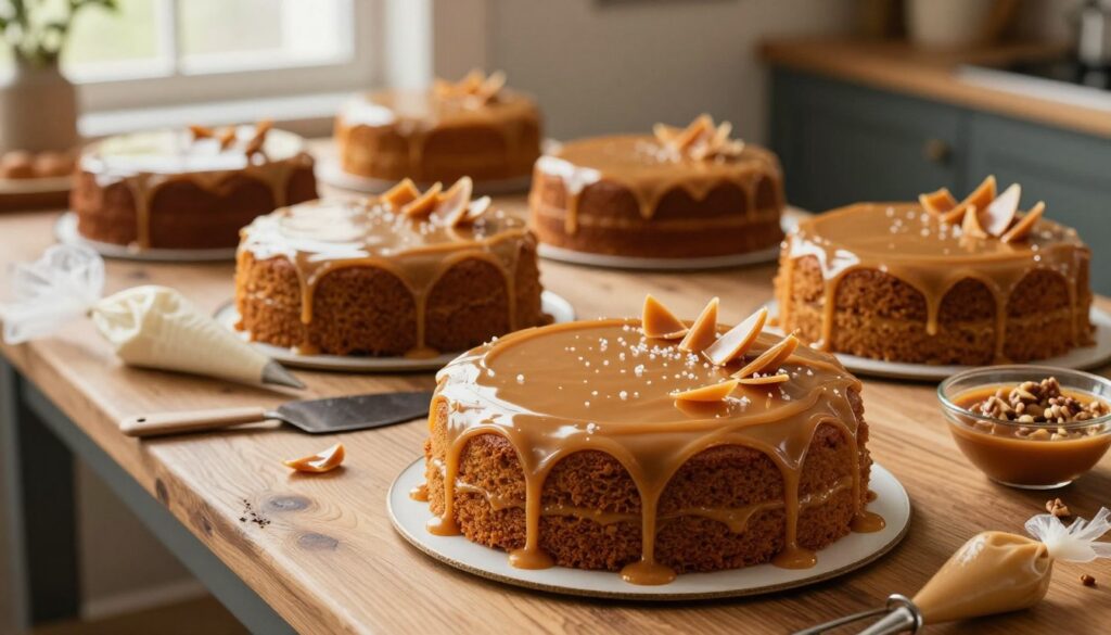 A beautifully arranged caramel cake assembly scene, featuring multiple layers of moist, rich caramel cake on a rustic wooden counter. In the foreground, showcase the cake being frosted with luscious caramel icing, adorned with delicate caramel shards and a sprinkle of sea salt. The middle of the image captures the cake tools scattered around, like spatulas and piping bags, along with bowls of ingredients like melted caramel and chopped nuts, adding a sense of delicious chaos. In the background, soft natural light filters through a nearby window, creating a warm, inviting atmosphere that enhances the rich golden hues of the cake. The overall mood is joyful and artistic, perfect for highlighting the process of assembling and decorating a stunning caramel cake.
