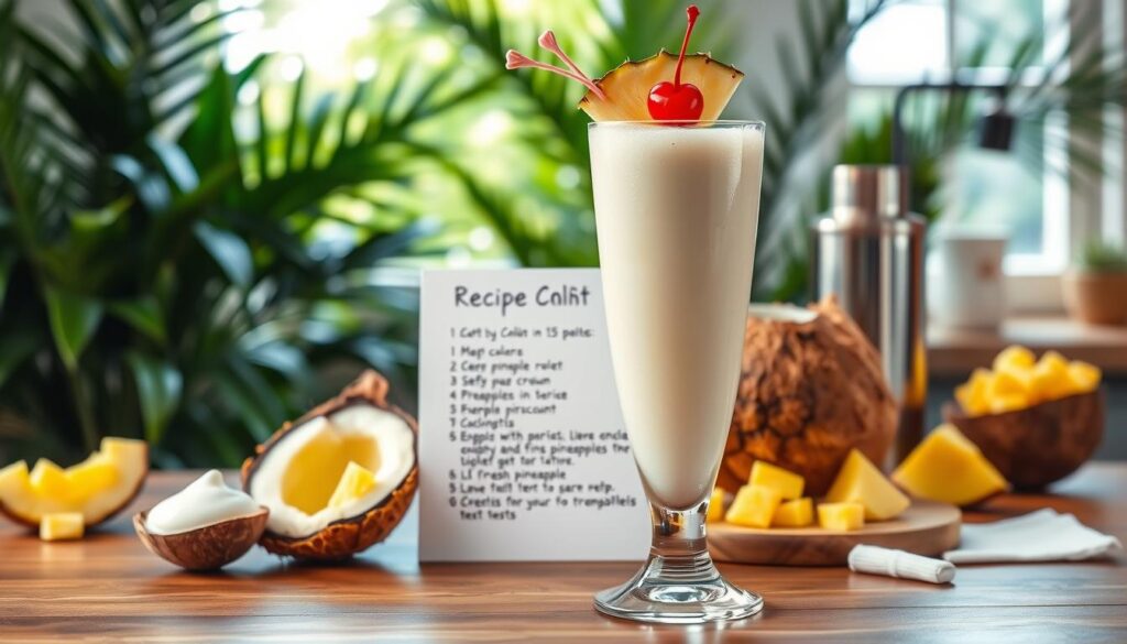 A beautifully arranged classic Pina Colada recipe scene on a wooden kitchen countertop. In the foreground, a tall glass filled with a creamy, frothy Pina Colada, garnished with a fresh pineapple slice and a maraschino cherry. Beside the glass, a half-peeled coconut and a cocktail shaker, along with colorful ingredients like coconut cream and fresh pineapple chunks. In the middle, a recipe card displaying clear step-by-step instructions, elegantly handwritten, but without text visible for the image. The background features lush tropical greenery and soft natural light filtering through a nearby window, creating a warm and inviting atmosphere. The overall mood is refreshing and festive, evoking the essence of a tropical getaway.