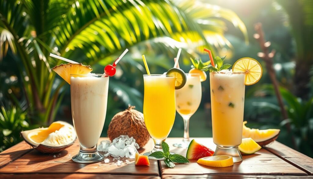 A beautifully arranged collection of various Pina Colada variations on a rustic wooden table, set in a tropical garden. In the foreground, highlight three distinct drinks: a classic Pina Colada garnished with a pineapple slice and maraschino cherry, a vibrant passion fruit Pina Colada with a bright yellow hue, and a refreshing mint mojito twist. In the middle ground, include fresh ingredients like ripe coconuts, crushed ice, and colorful fruit slices scattered artfully around the drinks. The background features lush green palm trees and soft, dappled sunlight filtering through, creating a warm and inviting atmosphere. Use a shallow depth of field to emphasize the drinks, capturing the light glistening off the glass and the textures of the ingredients, evoking a sense of a tropical paradise.