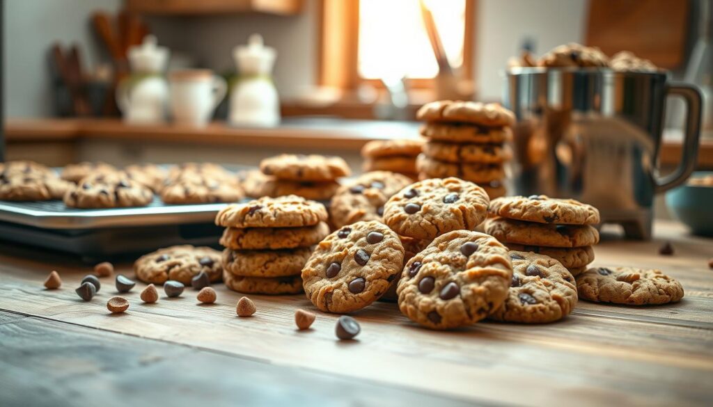 A beautifully arranged display of assorted cookies on a wooden kitchen counter, showcasing a variety of cookie types including chocolate chip, oatmeal raisin, and peanut butter. In the foreground, focus on the warm, golden-brown cookies, some stacked in neat piles, while others are casually scattered. The middle should feature a baking tray with freshly baked cookies cooling, and a mixing bowl filled with cookie dough, with a few scattered ingredients like chocolate chips and nuts. In the background, a softly lit kitchen setting with rustic decor, a hint of sunlight filtering through a window, creating a cozy and inviting atmosphere. Use a shallow depth of field for a soft focus effect on the background, emphasizing the foreground details and warming the overall tone.
