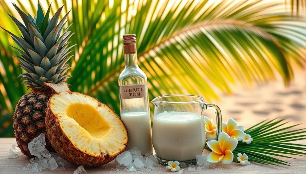 A beautifully arranged display of essential ingredients for a homemade pina colada, featuring fresh ripe pineapples, a halved coconut filled with creamy coconut milk, and a small bottle of light rum. In the foreground, a clear glass blending pitcher sits ready for mixing, surrounded by crushed ice and cocktail paraphernalia. The middle ground includes a vibrant green backdrop of palm leaves and subtle tropical flowers, enhancing the beachy feel. The background features soft bokeh effect of sandy shores under a golden sunrise, creating a warm and inviting atmosphere. The lighting is bright and cheerful, simulating natural daylight to emphasize the freshness of the ingredients. Capture this scene from a slightly elevated angle to provide a comprehensive view while maintaining a cozy, inviting mood.