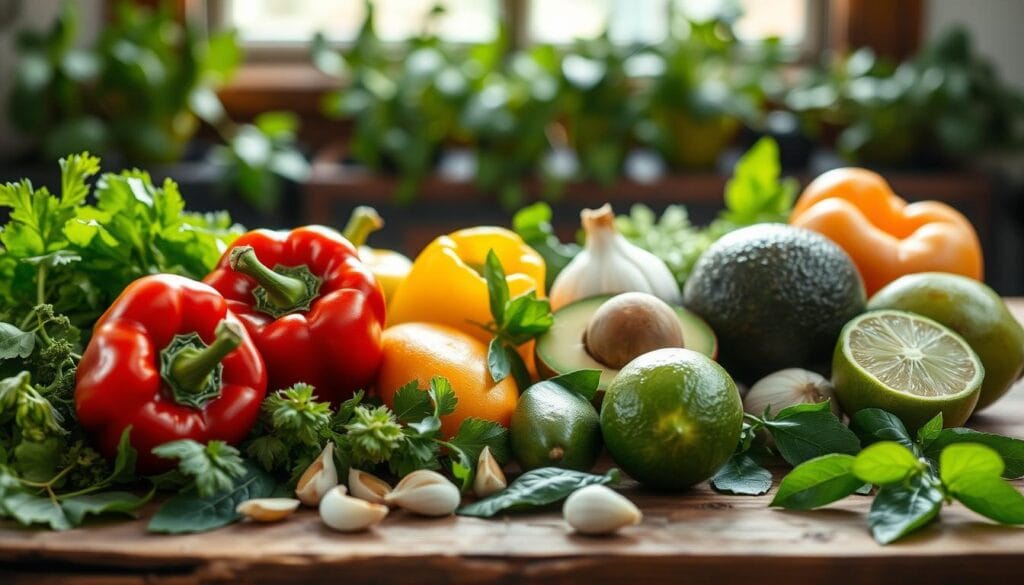 A beautifully arranged display of ingredients for a healthy Mounjaro recipe, featuring fresh green leafy vegetables, vibrant red and yellow bell peppers, ripe avocados, aromatic garlic cloves, and zesty limes. The composition should be laid out on a rustic wooden table, with natural light filtering in from a nearby window, creating soft highlights and gentle shadows. In the background, a softly blurred herb garden can be seen, adding depth and context to the overall scene. The mood is fresh and inviting, evoking a sense of health and wellness, perfect for a culinary journey towards a nutritious meal. Close-up angle to emphasize the textures and colors of the ingredients, ensuring clarity and vibrancy. A beautifully arranged display of ingredients for a healthy Mounjaro recipe, featuring fresh green leafy vegetables, vibrant red and yellow bell peppers, ripe avocados, aromatic garlic cloves, and zesty limes. The composition should be laid out on a rustic wooden table, with natural light filtering in from a nearby window, creating soft highlights and gentle shadows. In the background, a softly blurred herb garden can be seen, adding depth and context to the overall scene. The mood is fresh and inviting, evoking a sense of health and wellness, perfect for a culinary journey towards a nutritious meal. Close-up angle to emphasize the textures and colors of the ingredients, ensuring clarity and vibrancy.