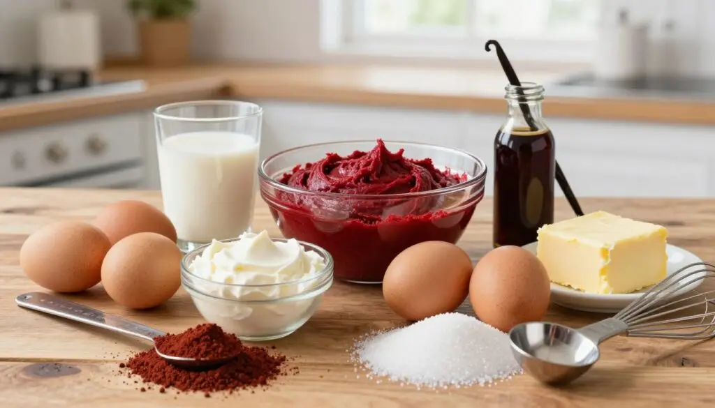 A beautifully arranged display of ingredients for a red velvet cake, featuring vibrant red cocoa powder, smooth cream cheese, fluffy eggs, granulated sugar, and rich butter, artfully positioned on a rustic wooden countertop. In the foreground, there are measuring spoons and a whisk, adding a touch of preparation ambiance. The middle layer includes a bowl filled with the distinct red batter, alongside a small glass of buttermilk and a bottle of vanilla extract. The background shows a blurred kitchen setting with soft, natural daylight streaming through a window, creating a warm and inviting atmosphere. The image should embody a sense of comfort and delicious anticipation, with a bright and welcoming color palette showcasing the rich hues of the ingredients.
