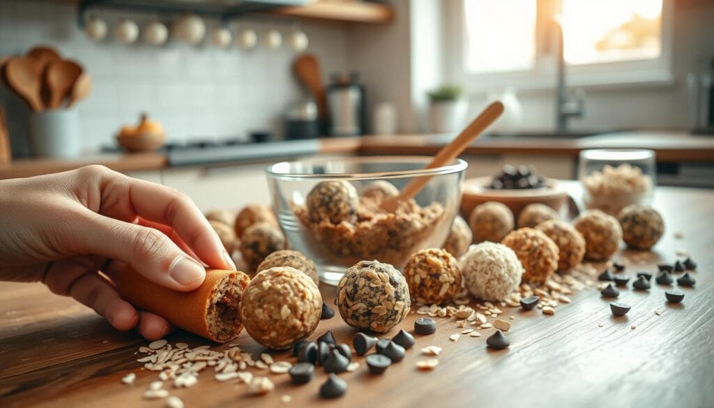 A beautifully arranged display of protein balls on a wooden kitchen counter, showcasing a variety of flavors such as chocolate, peanut butter, and coconut. The foreground features a hand gently rolling the balls, with close-up details of oats, nuts, and chocolate chips scattered artistically around. In the middle, a clear glass bowl containing the protein ball mixture can be seen, along with measuring cups and a wooden spoon resting nearby. The background features a softly blurred kitchen setting, illuminated by warm, natural light streaming in from a window. The atmosphere feels cozy and inviting, perfect for home cooking, evoking a sense of health and deliciousness.