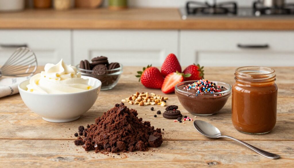 A beautifully arranged flat lay of "Better Than Sex" cake ingredients on a rustic wooden table. In the foreground, display a mound of rich chocolate cake mix, creamy whipped cream in an elegant bowl, and a jar of caramel sauce with a spoon resting beside it. Add layers of chocolate pudding in a small glass bowl, surrounded by crumbled chocolate cookies and colorful sprinkles. In the middle, include half a dozen luscious ripe strawberries and crushed nuts for garnish. The background should feature a softly lit kitchen with blurred baking tools, creating a warm and inviting atmosphere. Use soft, natural lighting to highlight the textures of the ingredients, emphasizing the indulgence and richness of this irresistible dessert.