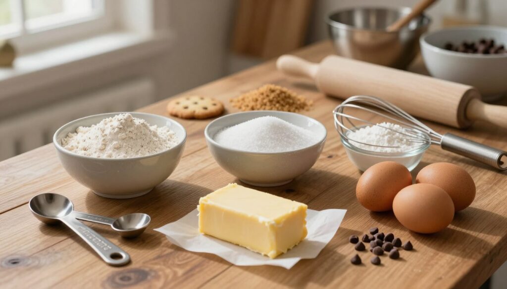 A beautifully arranged flat lay of cookie cake recipe ingredients, featuring a bowl of flour, sugar, brown sugar, and baking soda, along with a stick of butter, eggs, and chocolate chips, all displayed on a rustic wooden table. Include measuring spoons and a whisk for additional tools, accentuating the baking theme. The background features softly blurred kitchen utensils, such as mixing bowls and a rolling pin, creating a warm, inviting atmosphere. Soft, natural light streams in from a window, casting gentle shadows that highlight the textures of the ingredients. The overall mood is cozy and homey, perfect for a baking context, emphasizing the joy of homemade treats without any distractions or text overlay. A beautifully arranged flat lay of cookie cake recipe ingredients, featuring a bowl of flour, sugar, brown sugar, and baking soda, along with a stick of butter, eggs, and chocolate chips, all displayed on a rustic wooden table. Include measuring spoons and a whisk for additional tools, accentuating the baking theme. The background features softly blurred kitchen utensils, such as mixing bowls and a rolling pin, creating a warm, inviting atmosphere. Soft, natural light streams in from a window, casting gentle shadows that highlight the textures of the ingredients. The overall mood is cozy and homey, perfect for a baking context, emphasizing the joy of homemade treats without any distractions or text overlay.