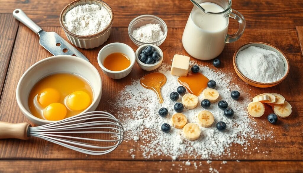 A beautifully arranged flat lay of essential pancake ingredients on a rustic wooden table, featuring a bowl of flour, eggs, a jug of milk, a small dish of baking powder, a stick of butter, and a drizzle of honey. In the foreground, a whisks and a spatula suggest preparation. The middle ground showcases the ingredients artfully scattered with a sprinkle of flour for texture, while fresh blueberries and slices of banana add a pop of color. The background is softly blurred, with warm, natural light illuminating the scene to create an inviting and cozy atmosphere. The image has a warm color palette to evoke comfort and deliciousness, captured from a slightly elevated angle to emphasize the arrangement and detail of each ingredient.