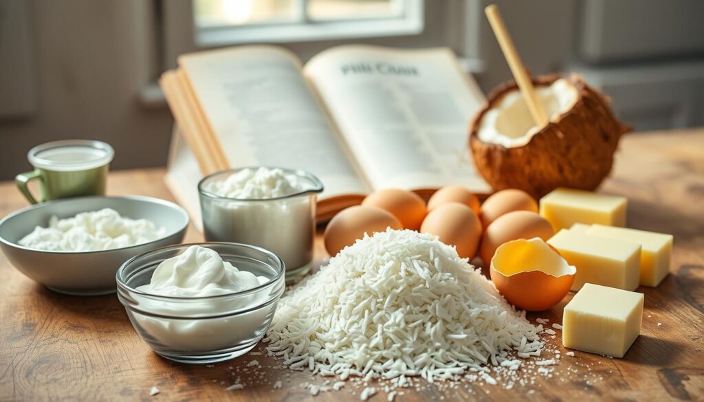 A beautifully arranged flat lay of ingredients for a coconut cream pie. In the foreground, showcase a bowl of creamy coconut, a can of cream of coconut with its lid slightly ajar, and a pile of shredded coconut. In the middle layer, display a measured cup of granulated sugar, a few eggs in their shells, and a generous pat of soft butter, all on a rustic wooden kitchen table. In the background, feature a soft-focus glimpse of an open cookbook with a pie crust recipe, and a fresh coconut with a straw. Natural soft lighting filters through a nearby window, creating a warm, inviting atmosphere, capturing the essence of homemade baking. The composition should evoke a sense of nostalgia and a love for baking from scratch.