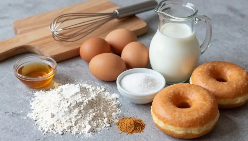 A beautifully arranged flat lay of the essential ingredients for making cake donuts. Foreground features a pile of all-purpose flour and a bowl filled with sugar, alongside small dishes of baking powder, vanilla extract, and ground nutmeg. In the middle, eggs and a jug of milk are placed, creating a vibrant display of colors and textures. The background subtly showcases a wooden cutting board and a whisk, adding a rustic kitchen vibe. Soft, natural lighting illuminates the scene, casting gentle shadows and enhancing the warmth of the ingredients. The overall mood is inviting and homely, reminiscent of a cozy kitchen where delicious treats are lovingly prepared. A beautifully arranged flat lay of the essential ingredients for making cake donuts. Foreground features a pile of all-purpose flour and a bowl filled with sugar, alongside small dishes of baking powder, vanilla extract, and ground nutmeg. In the middle, eggs and a jug of milk are placed, creating a vibrant display of colors and textures. The background subtly showcases a wooden cutting board and a whisk, adding a rustic kitchen vibe. Soft, natural lighting illuminates the scene, casting gentle shadows and enhancing the warmth of the ingredients. The overall mood is inviting and homely, reminiscent of a cozy kitchen where delicious treats are lovingly prepared.