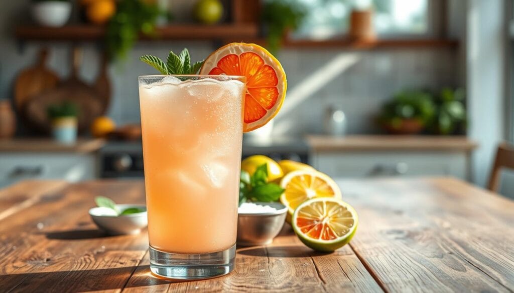 A beautifully arranged homemade Paloma cocktail sits on a rustic wooden table, showcasing a large glass filled with a light pink grapefruit mixture, topped with a vibrant slice of grapefruit and a sprig of fresh mint. The foreground highlights the cocktail's frosty texture, with condensation glistening on the glass. In the middle, a small bowl with salt and a fresh lime cut into wedges are placed beside the drink, enhancing the fresh and zesty feel. The background features a sunlit kitchen setting with soft, natural light streaming in, creating a warm and inviting atmosphere. A blurred view of citrus fruits and herbs adds depth, evoking a refreshing and vibrant mood perfect for enjoying a classic Paloma. The image captures the essence of a relaxing summer day. A beautifully arranged homemade Paloma cocktail sits on a rustic wooden table, showcasing a large glass filled with a light pink grapefruit mixture, topped with a vibrant slice of grapefruit and a sprig of fresh mint. The foreground highlights the cocktail's frosty texture, with condensation glistening on the glass. In the middle, a small bowl with salt and a fresh lime cut into wedges are placed beside the drink, enhancing the fresh and zesty feel. The background features a sunlit kitchen setting with soft, natural light streaming in, creating a warm and inviting atmosphere. A blurred view of citrus fruits and herbs adds depth, evoking a refreshing and vibrant mood perfect for enjoying a classic Paloma. The image captures the essence of a relaxing summer day.