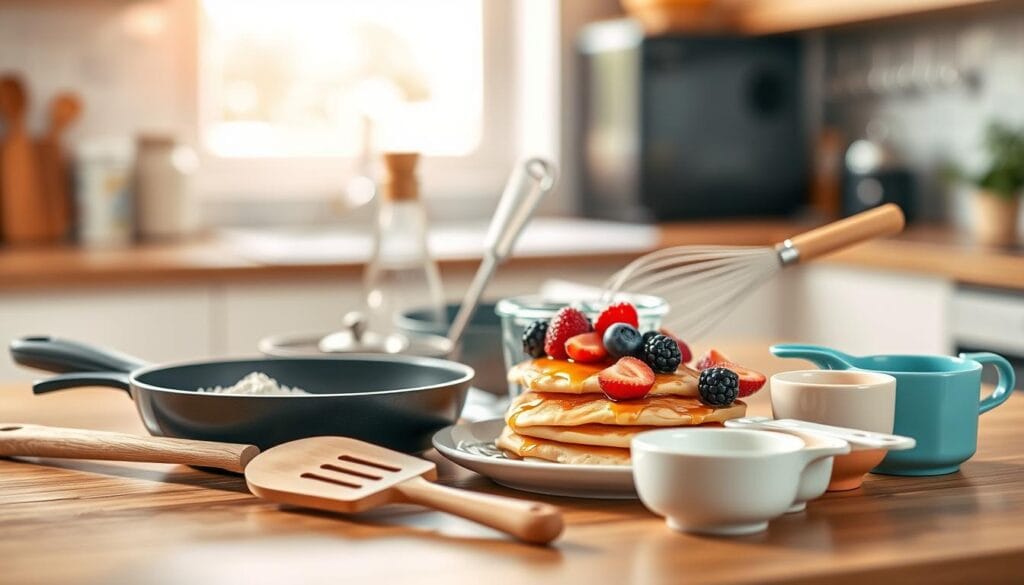 A beautifully arranged kitchen countertop featuring essential pancake-making tools. In the foreground, a non-stick frying pan, wooden spatula, and measuring cups filled with flour and milk are showcased. The middle layer includes a whisk, mixing bowl, and a stack of fluffy pancakes topped with fresh berries and a drizzle of syrup. The background is softly blurred, showing a cozy kitchen with warm, natural lighting streaming through a window, enhancing the inviting atmosphere. The focus is sharp on the tools and pancakes, with a shallow depth of field to create a warm, homey feel, reflecting the joy of cooking. The image conveys a sense of preparation and anticipation, perfect for a delightful pancake experience.