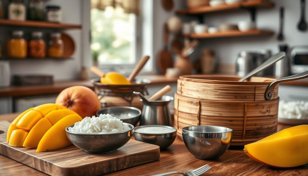A beautifully arranged kitchen scene showcasing essential equipment for making homemade mango sticky rice. In the foreground, a wooden cutting board displays ripe, golden mango slices alongside a small bowl of white glutinous rice. A traditional Thai steamer is nestled with coconut milk, and a small pot sits nearby with a spoon, illustrating preparation stages. In the middle, soft, diffused natural light filters through a nearby window, illuminating the vibrant colors of fresh ingredients. The background features a softly blurred kitchen setting, with shelves containing jars of ingredients and utensils, enhancing the warm, inviting atmosphere. The overall mood is cozy and culinary-focused, with attention to detail in each tool's texture and shine, emphasizing the joy of cooking this beloved Thai dessert.