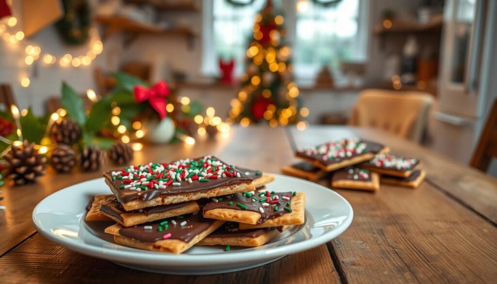 A beautifully arranged plate of classic Christmas Crack, presented as the focal point in the foreground. The crack should be made of saltine crackers layered with a glossy toffee caramel and topped with a generous sprinkle of semi-sweet chocolate and colorful holiday sprinkles. In the middle ground, a rustic wooden table adorned with festive decorations, such as pinecones, holly, and twinkling fairy lights, creating a cozy holiday ambiance. In the background, a softly lit kitchen with a hint of a decorated Christmas tree peeking through, adding warmth to the scene. The soft, warm lighting enhances the inviting atmosphere, capturing the essence of holiday baking and togetherness. The composition should be shot from a slightly elevated angle, adding depth and inviting viewers to imagine tasting this delicious treat. A beautifully arranged plate of classic Christmas Crack, presented as the focal point in the foreground. The crack should be made of saltine crackers layered with a glossy toffee caramel and topped with a generous sprinkle of semi-sweet chocolate and colorful holiday sprinkles. In the middle ground, a rustic wooden table adorned with festive decorations, such as pinecones, holly, and twinkling fairy lights, creating a cozy holiday ambiance. In the background, a softly lit kitchen with a hint of a decorated Christmas tree peeking through, adding warmth to the scene. The soft, warm lighting enhances the inviting atmosphere, capturing the essence of holiday baking and togetherness. The composition should be shot from a slightly elevated angle, adding depth and inviting viewers to imagine tasting this delicious treat.
