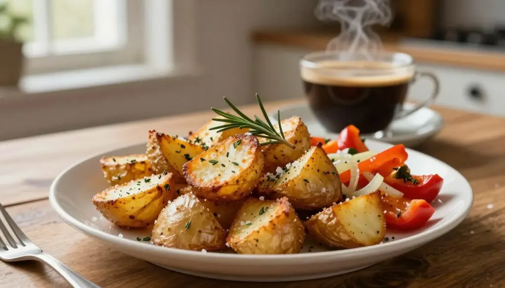 A beautifully arranged plate of crispy breakfast potatoes sits prominently in the foreground, showcasing golden-brown, perfectly roasted chunks seasoned with fresh herbs like rosemary and thyme. The potatoes are garnished with a sprinkle of sea salt and served alongside a vibrant medley of bell peppers and onions, adding splashes of color. In the middle ground, a gently steaming cup of rich, dark coffee complements the dish, evoking a cozy morning vibe. The background features a rustic kitchen setting with warm, natural light filtering through a window, enhancing the inviting atmosphere. The shot is taken from a slightly elevated angle, allowing the textures and colors of the potatoes to resonate vividly while creating a sense of warmth and comfort perfect for a breakfast table.
