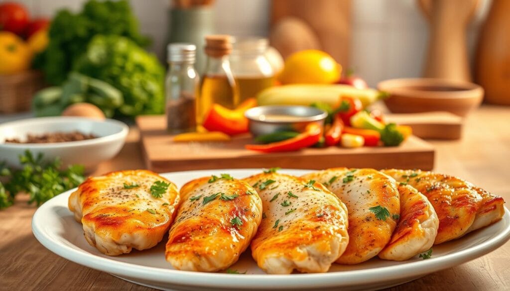 A beautifully arranged plate of golden-brown chicken tenderloins, lightly seasoned and garnished with fresh herbs, sits prominently in the foreground. Juicy tenderloins are accompanied by a colorful medley of sautéed vegetables, including bell peppers and broccoli, showcasing a quick and healthy meal. In the middle, a wooden cutting board displays additional ingredients such as spices, olive oil, and a small bowl of dipping sauce, inviting viewers to imagine quick preparation. The background features a softly lit kitchen setting, with a hint of fresh produce and cooking utensils, creating an inviting and homely atmosphere. The warm, natural lighting enhances the colors of the food, while a shallow depth of field draws attention to the delicious chicken dish, evoking a sense of comfort and ease in cooking. A beautifully arranged plate of golden-brown chicken tenderloins, lightly seasoned and garnished with fresh herbs, sits prominently in the foreground. Juicy tenderloins are accompanied by a colorful medley of sautéed vegetables, including bell peppers and broccoli, showcasing a quick and healthy meal. In the middle, a wooden cutting board displays additional ingredients such as spices, olive oil, and a small bowl of dipping sauce, inviting viewers to imagine quick preparation. The background features a softly lit kitchen setting, with a hint of fresh produce and cooking utensils, creating an inviting and homely atmosphere. The warm, natural lighting enhances the colors of the food, while a shallow depth of field draws attention to the delicious chicken dish, evoking a sense of comfort and ease in cooking.