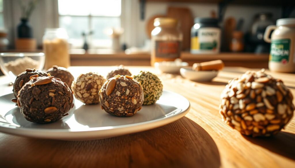 A beautifully arranged plate of homemade protein balls in various flavors, such as chocolate, almond, and coconut, showcased in the foreground. Each protein ball is distinctly textured, with nuts and seeds embedded in the exterior, glistening slightly to suggest freshness. The middle ground features a rustic wooden kitchen table, illuminated by soft, natural light streaming through a nearby window, casting gentle shadows. In the background, there are ingredients like oats, honey, and a small bowl of protein powder artfully placed. The overall mood is warm and inviting, promoting a healthy lifestyle. The image is captured in a close-up shot, emphasizing the texture and ingredients of the protein balls, creating a wholesome and nutritious vibe.