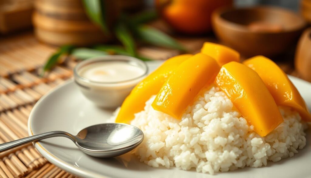 A beautifully arranged plate of mango sticky rice, showcasing glistening white sticky rice topped with vibrant, ripe mango slices that are perfectly golden and juicy. The foreground focuses on a spoon gently resting beside the dish, highlighting the texture of the sticky rice and the rich color of the mango. In the middle ground, a small bowl of creamy coconut sauce is elegantly drizzled over the rice, emphasizing the dish's delightful contrast. The background features softly blurred elements of a Thai kitchen setting, like bamboo mats or tropical plants, enhancing the authentic atmosphere. Warm, natural lighting creates a cozy, inviting mood, capturing the essence of this beloved dessert. Shot from a slightly elevated angle to show the layers and colors vividly.