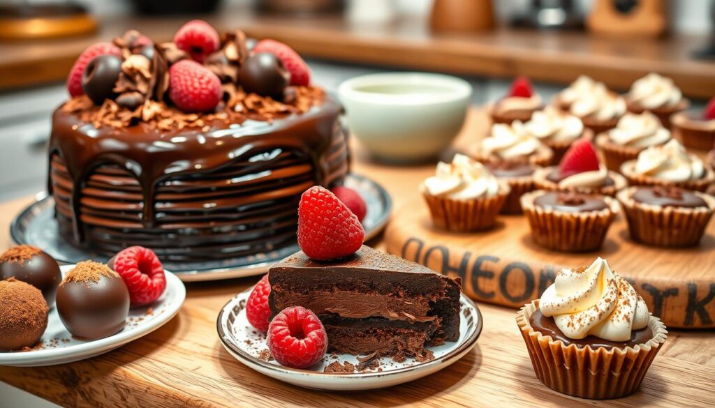 A beautifully arranged selection of chocolate desserts, showcasing an array of rich, decadent treats. In the foreground, a glossy chocolate cake with layers of ganache, intricately decorated with chocolate shavings and fresh raspberries. Beside it, a plate of delicate chocolate truffles dusted with cocoa powder, and a few chocolate-covered strawberries glistening with a sugary sheen. In the middle ground, a rustic wooden table adorned with a variety of mini chocolate tarts filled with creamy chocolate mousse and topped with whipped cream. Soft, warm lighting enhances the sumptuous textures and inviting colors, creating a cozy atmosphere. The background features a blurred kitchen setting, hinting at a bustling cooking space, adding to the inviting feel that these desserts are perfect for sharing at gatherings.