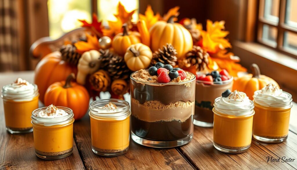 A beautifully arranged selection of no-bake Thanksgiving desserts on a rustic wooden table. In the foreground, showcase individual servings of pumpkin cheesecake in glass jars topped with whipped cream and a sprinkle of cinnamon. In the middle, display an elegant chocolate mousse layered with crushed graham crackers and garnished with fresh berries. Behind the desserts, place a decorative autumn-themed centerpiece with colorful gourds, pinecones, and golden leaves, softly illuminated by warm, natural light cascading from a nearby window. The image should evoke a cozy, inviting atmosphere, celebrating the effortless charm of Thanksgiving gatherings. Use a shallow depth of field to keep the focus on the desserts while allowing the background elements to softly blur, enhancing the overall warmth and intimacy of the scene.