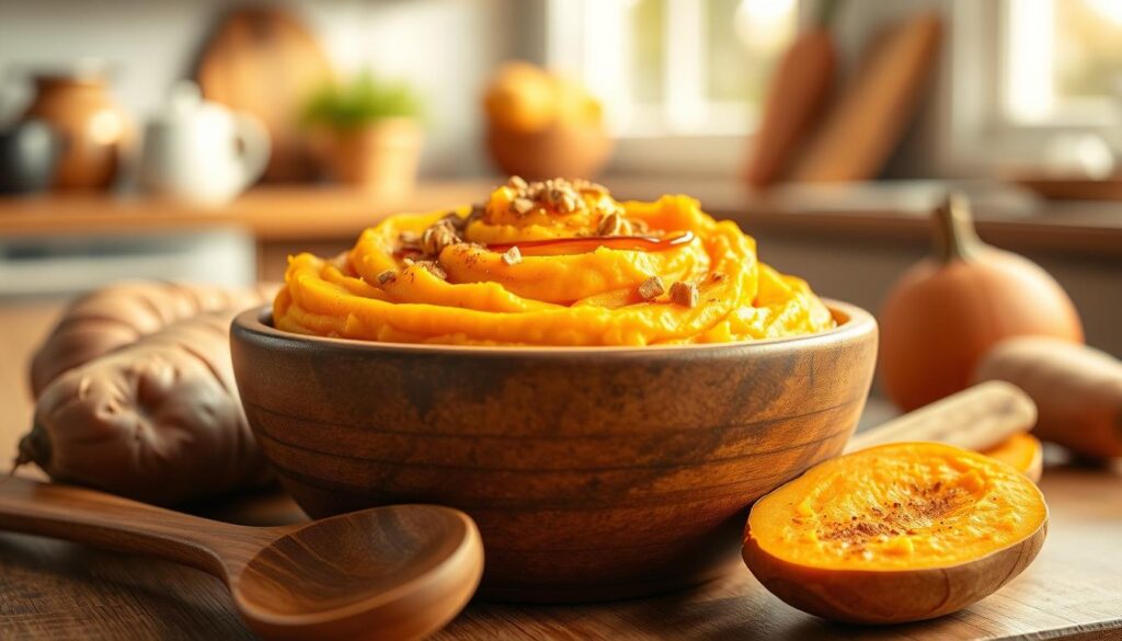 A beautifully arranged serving of creamy mashed sweet potatoes in a rustic wooden bowl, topped with a sprinkle of cinnamon and a drizzle of maple syrup. In the foreground, include a wooden spoon resting beside the bowl, with a few fresh, whole sweet potatoes artistically placed around it. The middle ground features a soft-focus backdrop of a cozy kitchen environment, with warm, natural lighting pouring in from a nearby window, casting gentle shadows. Use a shallow depth of field to emphasize the vivid orange color and fluffy texture of the mash, creating an inviting and warm atmosphere. The overall mood is comforting and homey, perfect for showcasing the best cooking methods for sweet potatoes. A beautifully arranged serving of creamy mashed sweet potatoes in a rustic wooden bowl, topped with a sprinkle of cinnamon and a drizzle of maple syrup. In the foreground, include a wooden spoon resting beside the bowl, with a few fresh, whole sweet potatoes artistically placed around it. The middle ground features a soft-focus backdrop of a cozy kitchen environment, with warm, natural lighting pouring in from a nearby window, casting gentle shadows. Use a shallow depth of field to emphasize the vivid orange color and fluffy texture of the mash, creating an inviting and warm atmosphere. The overall mood is comforting and homey, perfect for showcasing the best cooking methods for sweet potatoes.