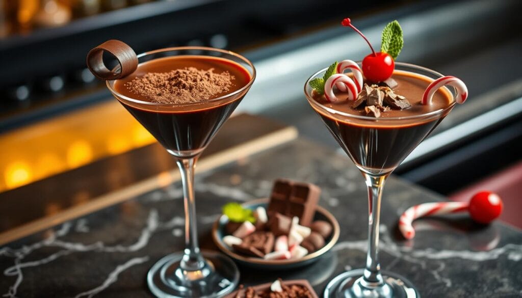 A beautifully arranged setup of elegant chocolate martinis garnished creatively. In the foreground, two martini glasses filled with rich, dark chocolate cocktails glisten with a glossy finish. One is adorned with a delicate chocolate curl, while the other features a sprinkle of cocoa powder, a twist of orange peel, and a cherry on top. In the middle ground, a small plate holds additional garnishes such as chocolate shavings, candy canes, and fresh mint leaves, enticingly displayed. The background is softly blurred, showcasing a stylish bar counter with ambient lighting that casts a warm glow, enhancing the luxurious atmosphere of a high-end cocktail setting. The scene is inviting, evoking a sense of indulgence and sophistication, captured from a slight overhead angle to showcase the garnishes and glasses beautifully. A beautifully arranged setup of elegant chocolate martinis garnished creatively. In the foreground, two martini glasses filled with rich, dark chocolate cocktails glisten with a glossy finish. One is adorned with a delicate chocolate curl, while the other features a sprinkle of cocoa powder, a twist of orange peel, and a cherry on top. In the middle ground, a small plate holds additional garnishes such as chocolate shavings, candy canes, and fresh mint leaves, enticingly displayed. The background is softly blurred, showcasing a stylish bar counter with ambient lighting that casts a warm glow, enhancing the luxurious atmosphere of a high-end cocktail setting. The scene is inviting, evoking a sense of indulgence and sophistication, captured from a slight overhead angle to showcase the garnishes and glasses beautifully.