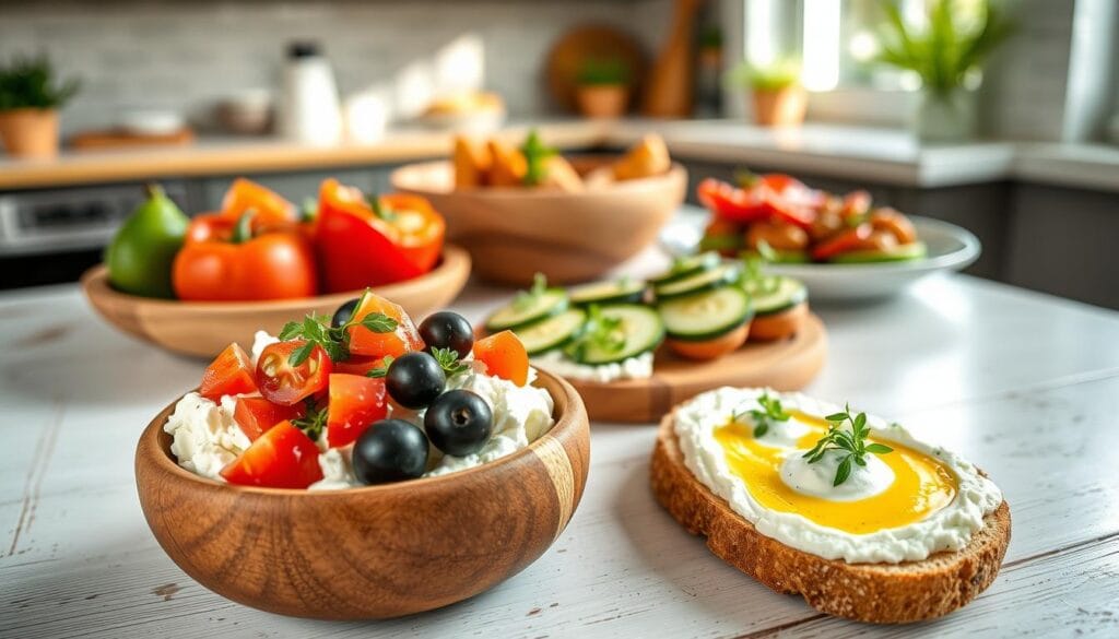 A beautifully arranged table displaying a variety of savory cottage cheese recipes for lunch. In the foreground, highlight a rustic wooden bowl filled with creamy cottage cheese topped with fresh herbs, diced tomatoes, and olives. Accompany it with colorful dishes of stuffed peppers and cucumber slices drizzled with olive oil. In the middle, showcase artisanal bread with cottage cheese spread, garnished with microgreens. The background features a softly blurred kitchen setting, with natural sunlight streaming in through a window, creating a warm and inviting atmosphere. The image should capture a cozy and appetizing mood, with a depth of field that draws attention to the food while softly blurring out the surroundings for focus. A beautifully arranged table displaying a variety of savory cottage cheese recipes for lunch. In the foreground, highlight a rustic wooden bowl filled with creamy cottage cheese topped with fresh herbs, diced tomatoes, and olives. Accompany it with colorful dishes of stuffed peppers and cucumber slices drizzled with olive oil. In the middle, showcase artisanal bread with cottage cheese spread, garnished with microgreens. The background features a softly blurred kitchen setting, with natural sunlight streaming in through a window, creating a warm and inviting atmosphere. The image should capture a cozy and appetizing mood, with a depth of field that draws attention to the food while softly blurring out the surroundings for focus.