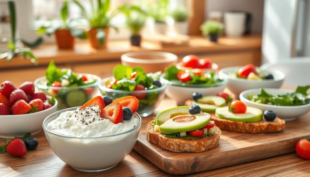 A beautifully arranged table featuring an array of healthy cottage cheese recipes, emphasizing weight management. In the foreground, a bowl of creamy cottage cheese topped with fresh strawberries, blueberries, and a sprinkle of chia seeds. Beside it, small dishes contain colorful salads with mixed greens, diced cucumbers, and cherry tomatoes. In the middle, a rustic cutting board displays whole-grain toast with cottage cheese spread and sliced avocados, garnished with herbs. The background shows a bright, sunlit kitchen with green plants and natural wood accents, creating a warm and inviting atmosphere. Soft, natural lighting highlights the freshness of the ingredients, while a shallow depth of field keeps the focus on the food. The mood is vibrant and appetizing, ideal for promoting healthy eating. A beautifully arranged table featuring an array of healthy cottage cheese recipes, emphasizing weight management. In the foreground, a bowl of creamy cottage cheese topped with fresh strawberries, blueberries, and a sprinkle of chia seeds. Beside it, small dishes contain colorful salads with mixed greens, diced cucumbers, and cherry tomatoes. In the middle, a rustic cutting board displays whole-grain toast with cottage cheese spread and sliced avocados, garnished with herbs. The background shows a bright, sunlit kitchen with green plants and natural wood accents, creating a warm and inviting atmosphere. Soft, natural lighting highlights the freshness of the ingredients, while a shallow depth of field keeps the focus on the food. The mood is vibrant and appetizing, ideal for promoting healthy eating.