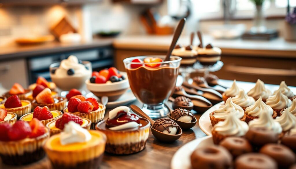 A beautifully arranged table showcasing an array of delectable no-bake desserts designed for a crowd. In the foreground, an assortment of colorful mini cheesecakes topped with fresh berries, a large chocolate mousse in a glass bowl garnished with whipped cream, and vibrant fruit tarts with creamy fillings. In the middle, a tray of decadent chocolate-covered spoons filled with layered desserts and a plate of rich, no-bake cookie bites. In the background, soft, warm lighting creates a cozy and inviting atmosphere, highlighting the textures and colors of the desserts. A blurred kitchen setting adds depth to the scene, enhancing the friendly, celebratory mood perfect for gatherings. The angle captures the delicious details from a slightly elevated perspective, inviting viewers to indulge.