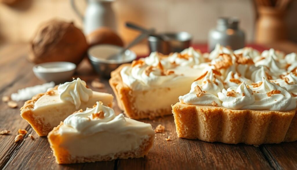 A beautifully assembled coconut pie, placed on a rustic wooden table, showcases its luscious creamy filling topped with a generous layer of whipped cream. In the foreground, slices of the pie reveal its flaky crust, filled with a rich, glossy layer made from cream of coconut. A few scattered toasted coconut flakes adorn the top, adding texture and warmth. The middle ground features ingredients like a coconut, a small bowl of cream of coconut, and a measuring cup, suggesting the baking process. The background softly fades into a cozy kitchen setting, with warm lighting illuminating the scene, creating an inviting atmosphere. The composition captures the essence of comfort baking, emphasizing simplicity and deliciousness, with a focus on the pie’s decadent texture and the joyful process of assembling a homemade treat.